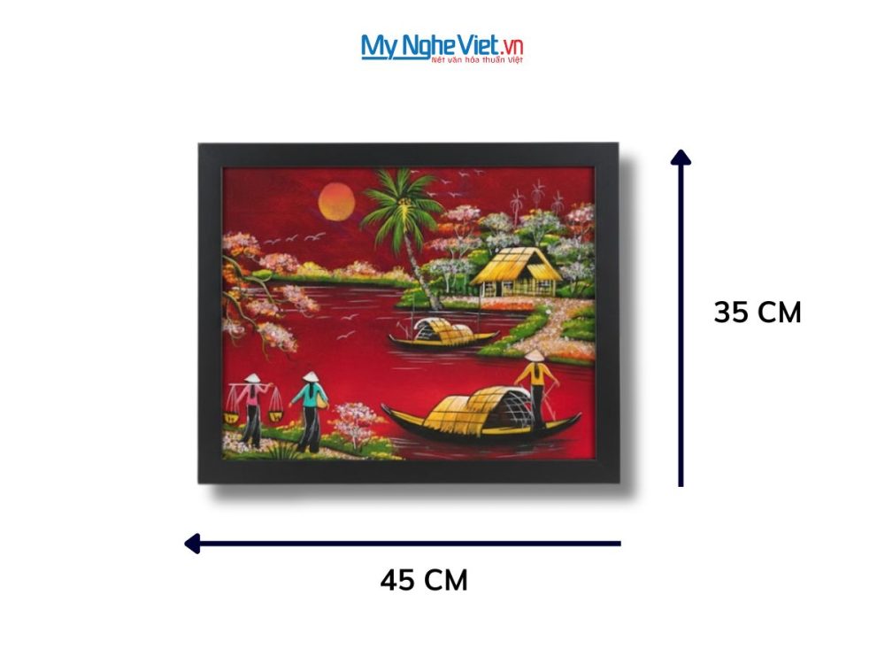 Bộ tranh sơn mài đồng quê nền đỏ và khung đen
