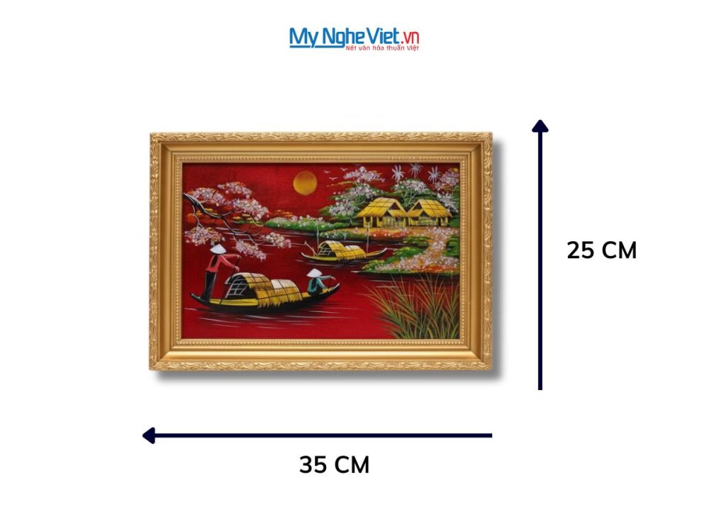 Bộ tranh sơn mài đồng quê nền đỏ và khung vàng