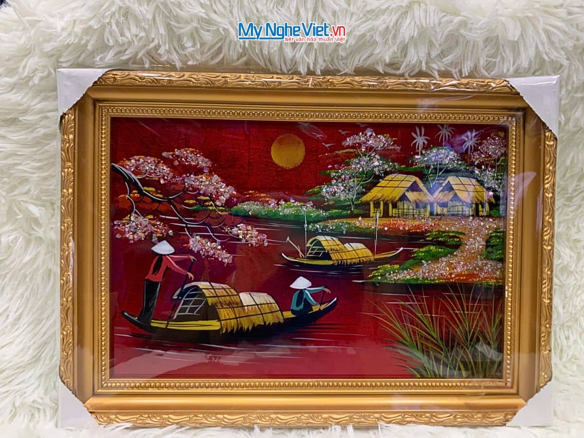 Bộ tranh sơn mài đồng quê nền đỏ và khung vàng