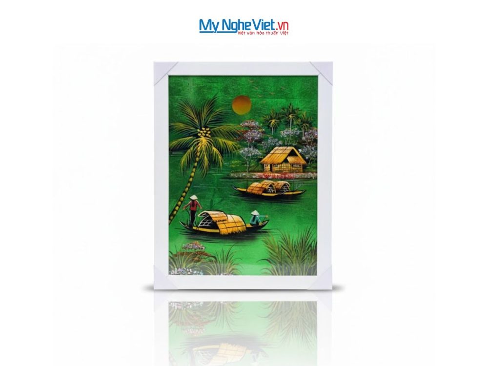Bộ tranh sơn mài đồng quê nền xanh lá và khung trắng