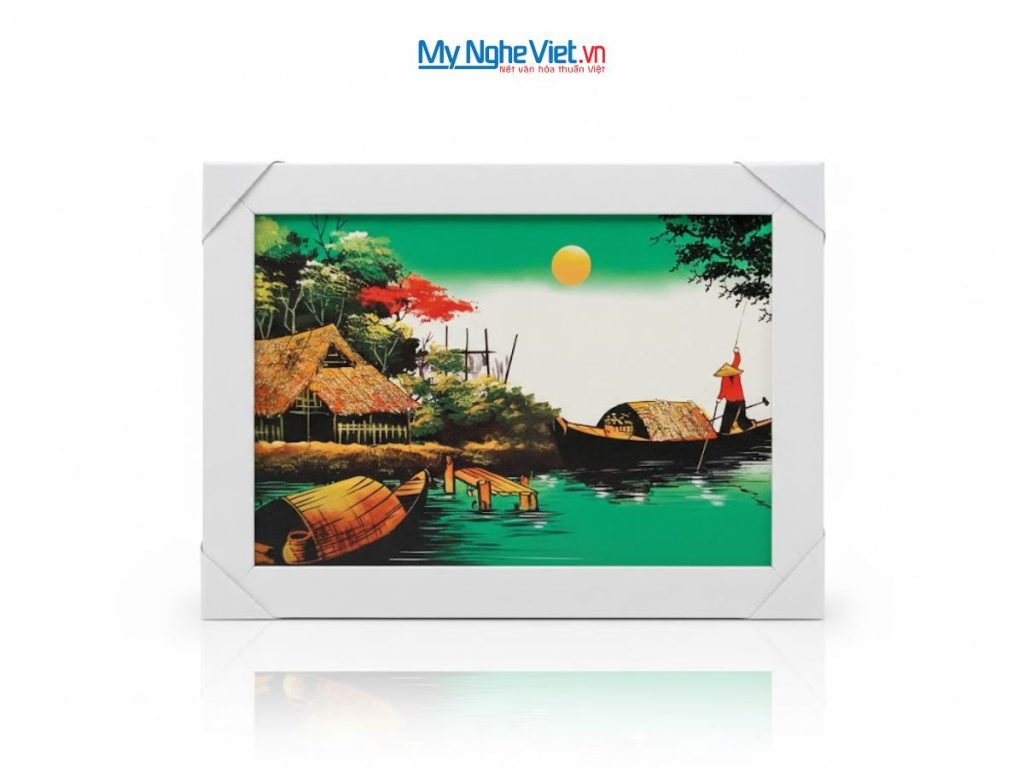 Bộ tranh sơn mài đồng quê nền xanh và khung trắng