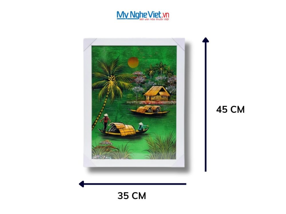 Bộ tranh sơn mài đồng quê nền xanh lá và khung trắng