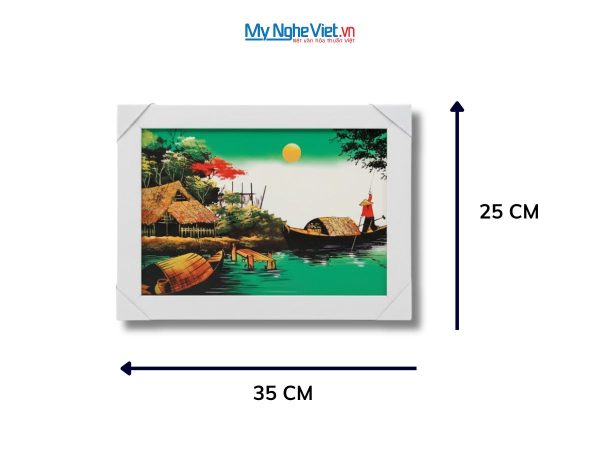 Bộ tranh sơn mài đồng quê nền xanh và khung trắng