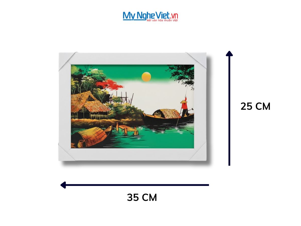 Bộ tranh sơn mài đồng quê nền xanh và khung trắng