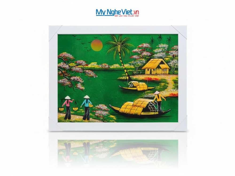 Bộ tranh sơn mài đồng quê nền xanh lá và khung trắng