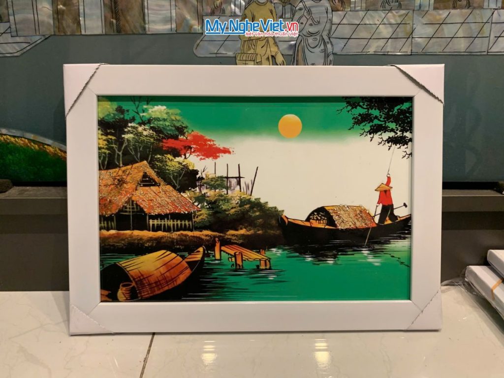 Bộ tranh sơn mài đồng quê nền xanh và khung trắng