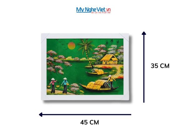 Bộ tranh sơn mài đồng quê nền xanh lá và khung trắng