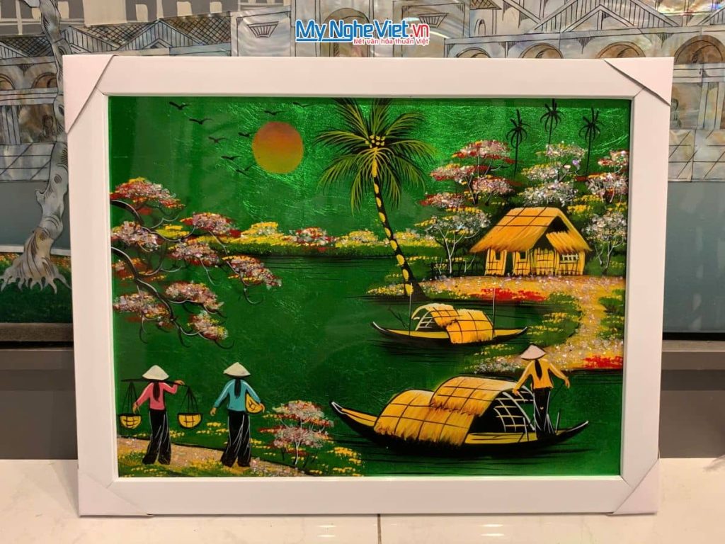 Bộ tranh sơn mài đồng quê nền xanh lá và khung trắng