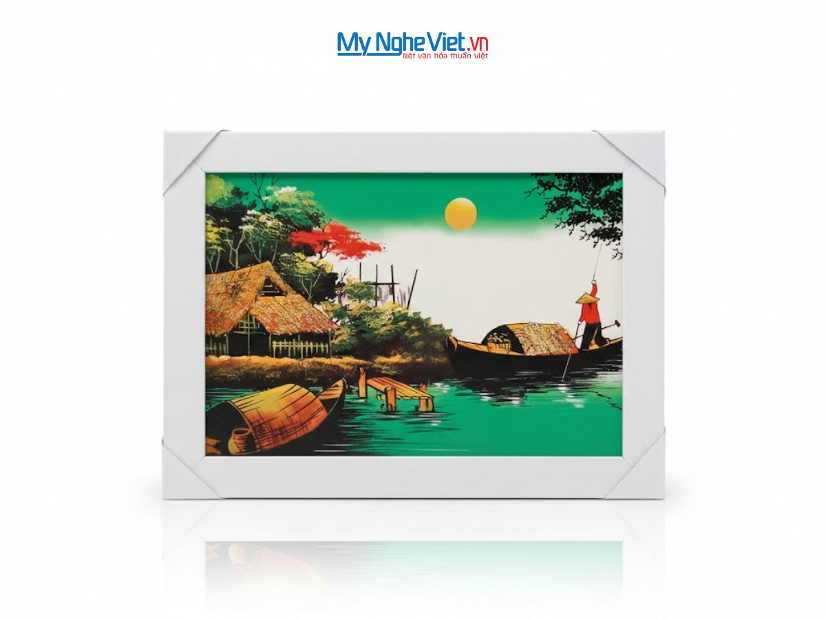 Bộ tranh sơn mài đồng quê nền xanh và khung trắng