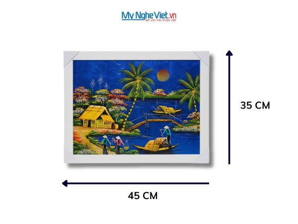 Bộ tranh sơn mài đồng quê nền xanh dương và khung trắng