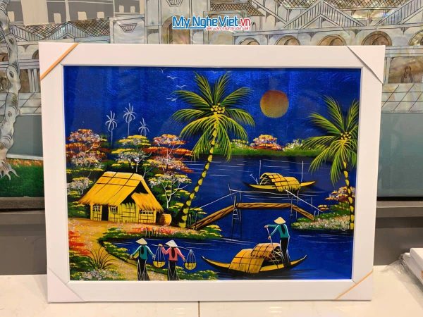 Bộ tranh sơn mài đồng quê nền xanh dương và khung trắng