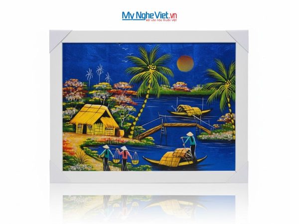 Bộ tranh sơn mài đồng quê nền xanh dương và khung trắng