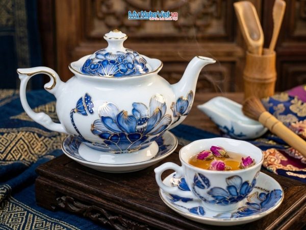 Bình trà sen xanh đắp nổi và lọ hoa