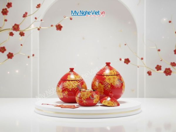 Bộ 3 hũ mận đỏ vẽ mai vàng MNV-QT316 - Quà Tết Ý Nghĩa