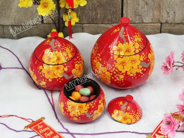 Bộ 3 hũ mận đỏ vẽ mai vàng MNV-QT316 - Quà Tết Ý Nghĩa