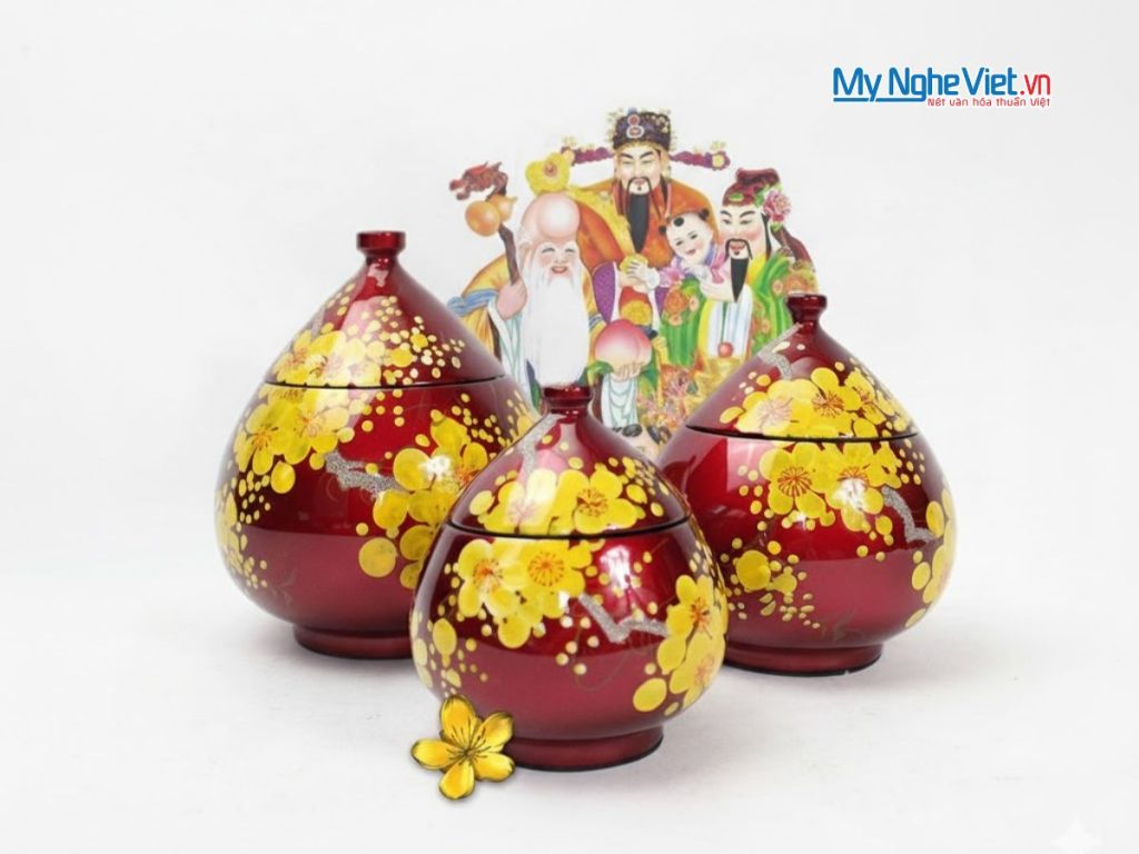 Bộ 3 hũ mận vẽ hoa mai đỏ MNV-QT09 - Quà Tết Ý Nghĩa