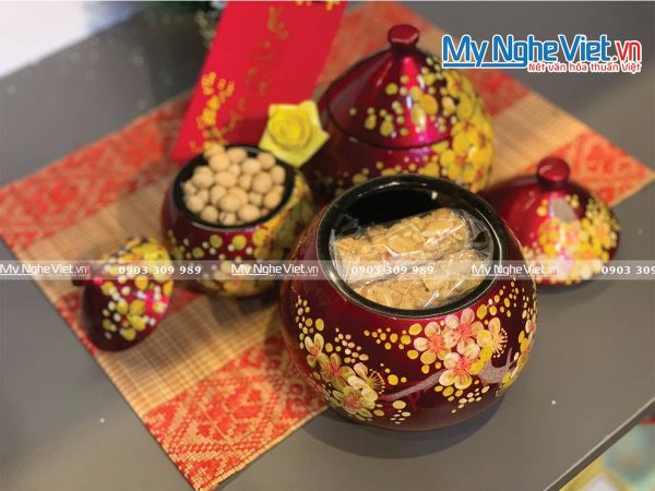 Bộ 3 hũ mận vẽ hoa mai đỏ MNV-QT09 - Quà Tết Ý Nghĩa
