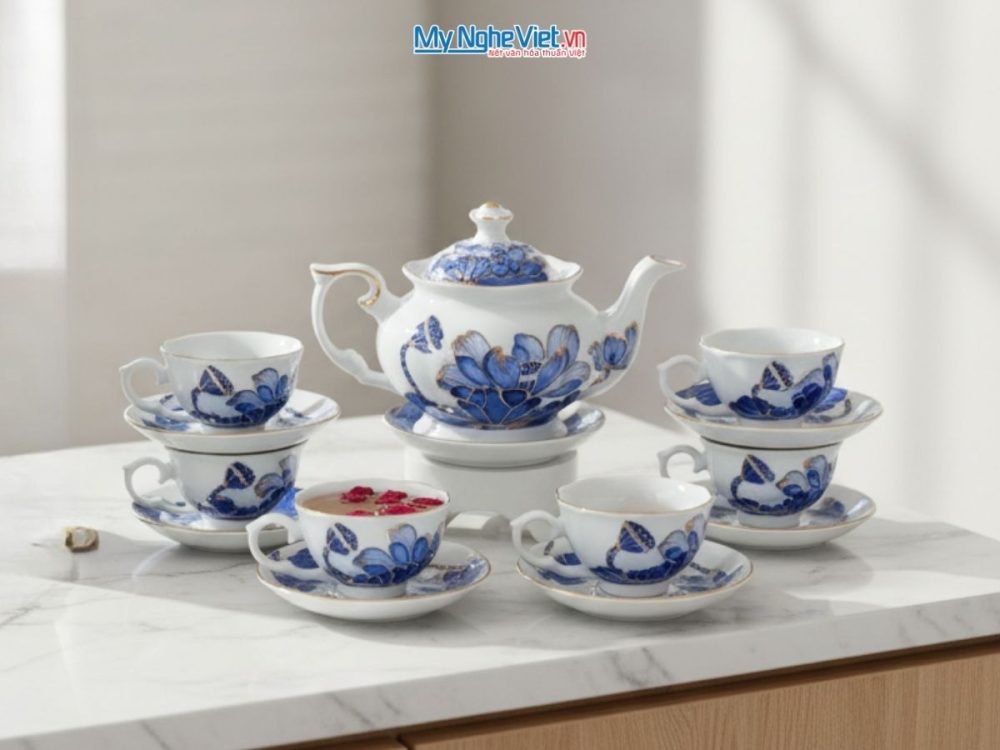 Bộ bình trà men trắng vẽ hoa sen cao cấp