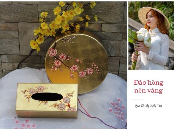 Bộ quà tặng Hộp mứt tết sơn mài tròn 5 ngăn vẽ đào đắp Vàng