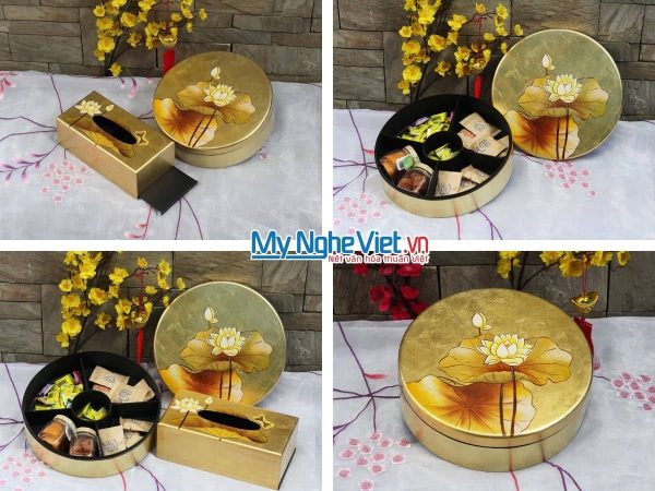 Bộ quà tặng Hộp mứt tết sơn mài tròn 5 ngăn vẽ sen dát lá vàng