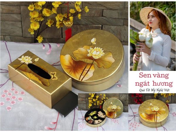 Bộ quà tặng Hộp mứt tết sơn mài tròn 5 ngăn vẽ sen dát lá vàng