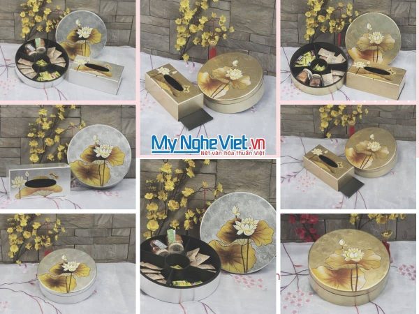 Bộ quà tặng Hộp mứt tết sơn mài tròn 5 ngăn vẽ sen đắp Bạc
