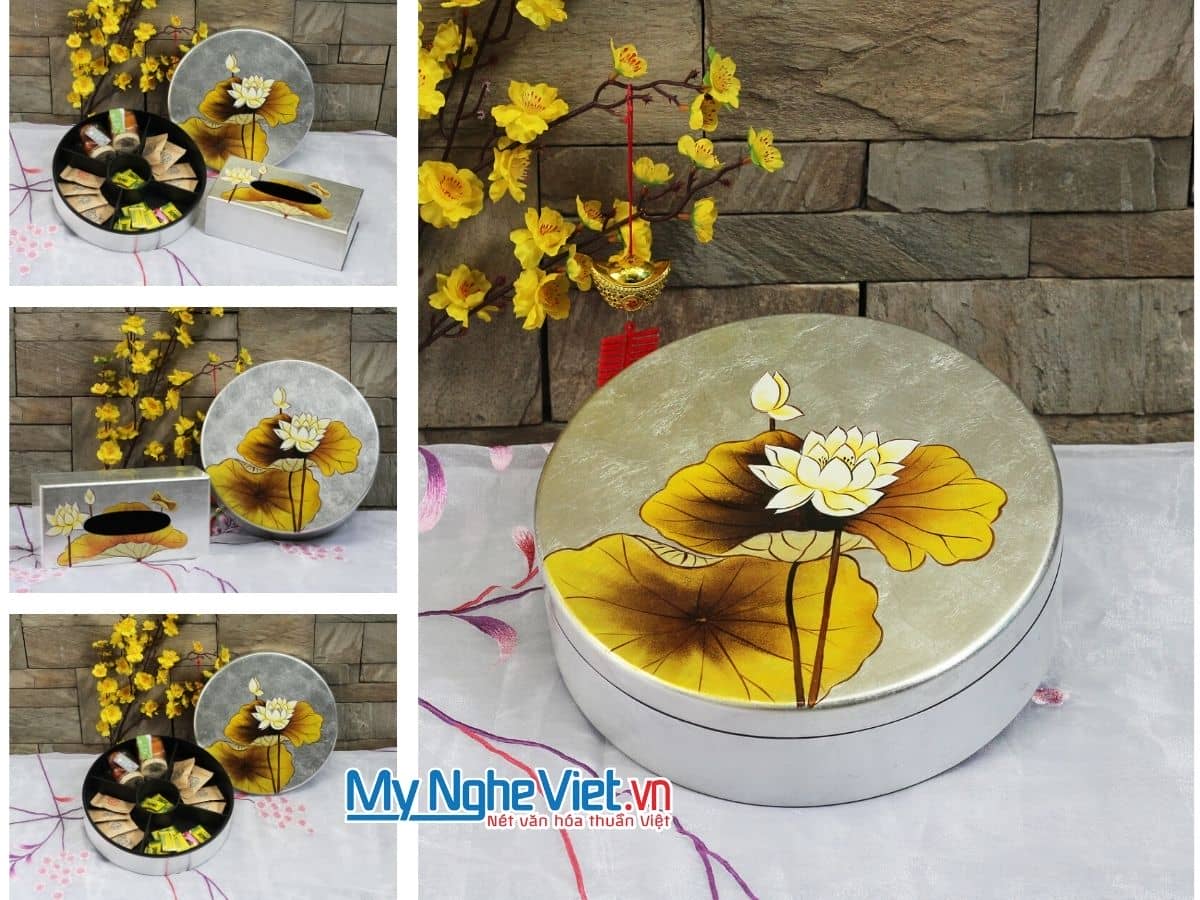 Bộ quà tặng Hộp mứt tết sơn mài tròn 5 ngăn vẽ sen đắp Bạc