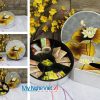 Bộ quà tặng Hộp mứt tết sơn mài tròn 5 ngăn vẽ sen đắp Bạc