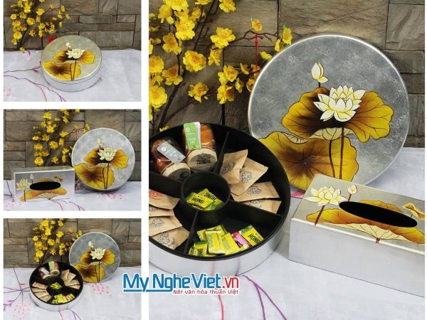 Bộ quà tặng Hộp mứt tết sơn mài tròn 5 ngăn vẽ sen đắp Bạc