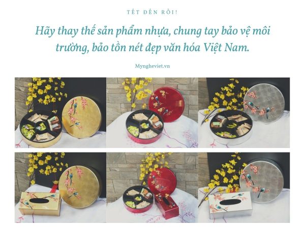 Bộ quà tặng Hộp mứt tết sơn mài tròn 5 ngăn vẽ chim đào đắp Bạc Đỏ