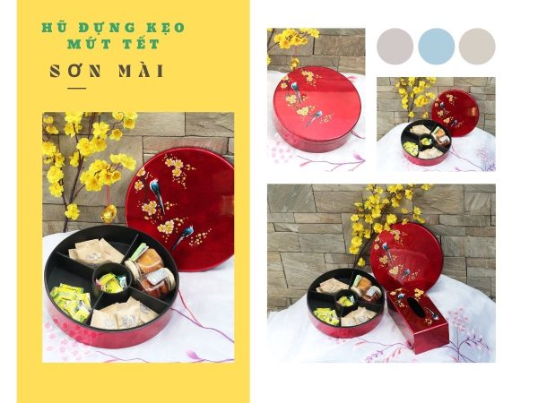 Bộ quà tặng Hộp mứt tết sơn mài tròn 5 ngăn vẽ chim đào đắp Bạc Đỏ