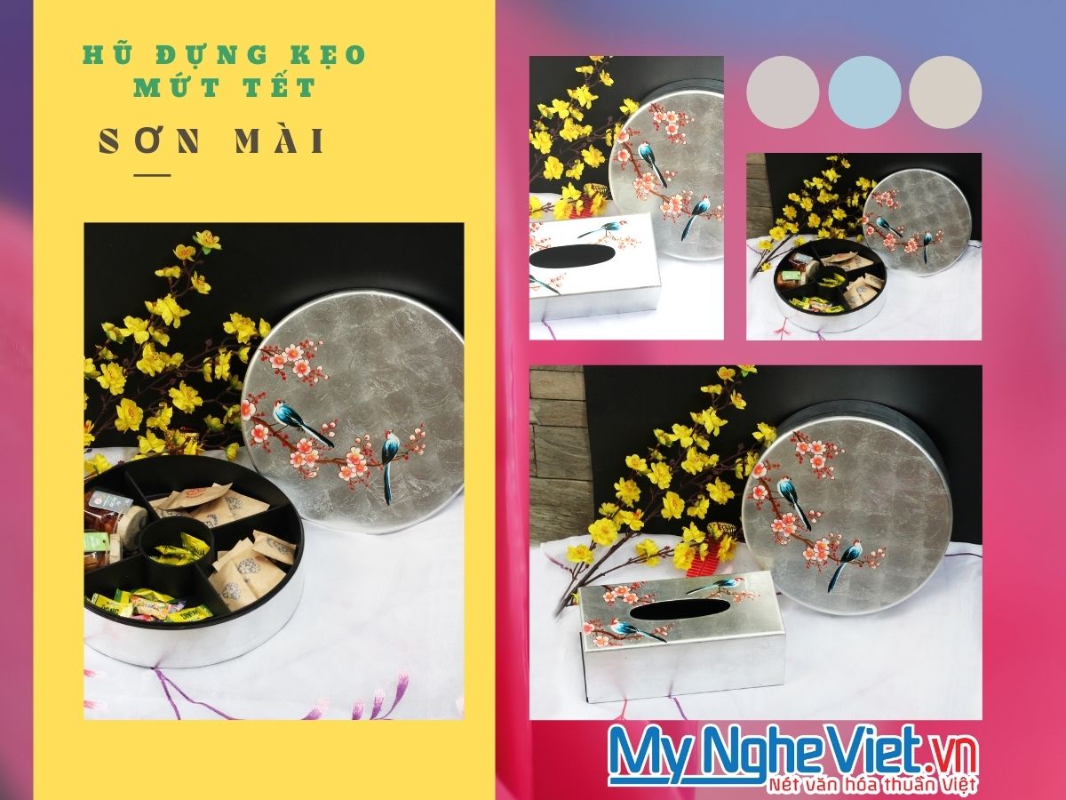 Bộ quà tặng Hộp mứt tết sơn mài tròn 5 ngăn vẽ chim đào đắp Bạc