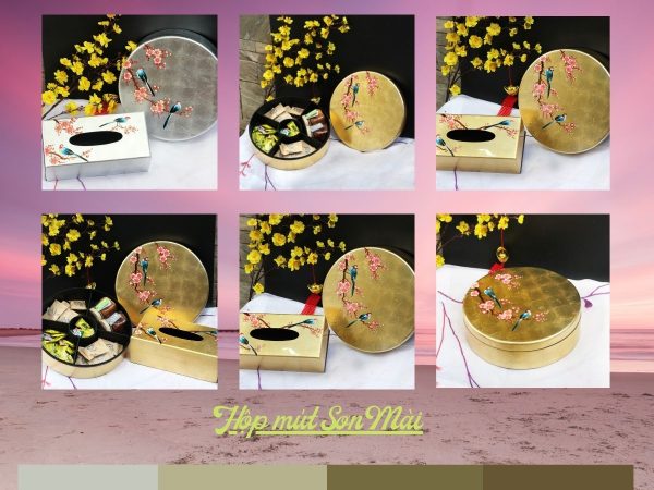Bộ quà tặng Hộp mứt tết sơn mài tròn 5 ngăn vẽ chim đào đắp Vàng