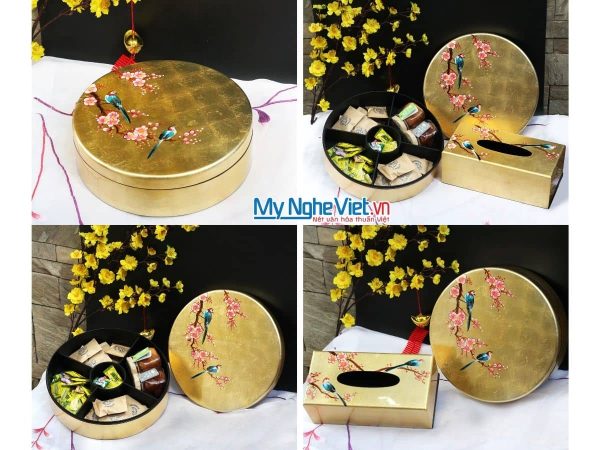 Bộ quà tặng Hộp mứt tết sơn mài tròn 5 ngăn vẽ chim đào đắp Vàng