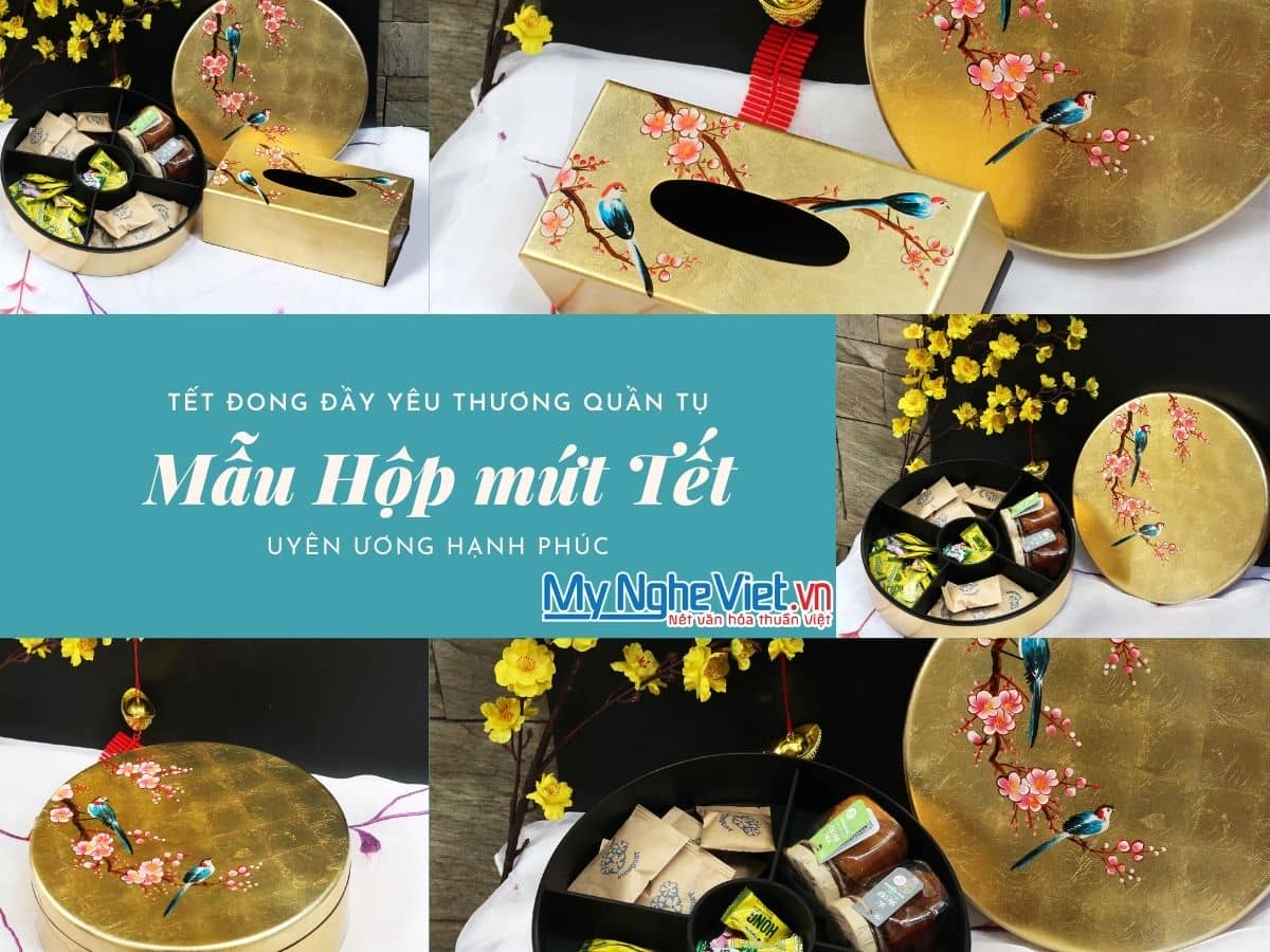 Bộ quà tặng Hộp mứt tết sơn mài tròn 5 ngăn vẽ chim đào đắp Bạc