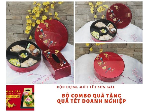 Bộ quà tặng Hộp mứt tết sơn mài tròn 5 ngăn vẽ chim đào đắp Bạc Đỏ