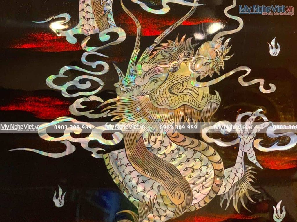 Tranh Sơn Mài Long Lân Quy Phụng Nền Ấm Cẩn Ốc Chìm