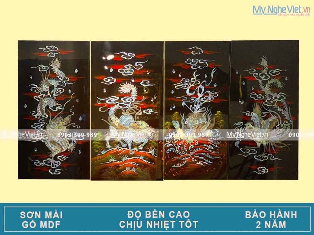 Tranh Sơn Mài Long Lân Quy Phụng Nền Ấm Cẩn Ốc Chìm