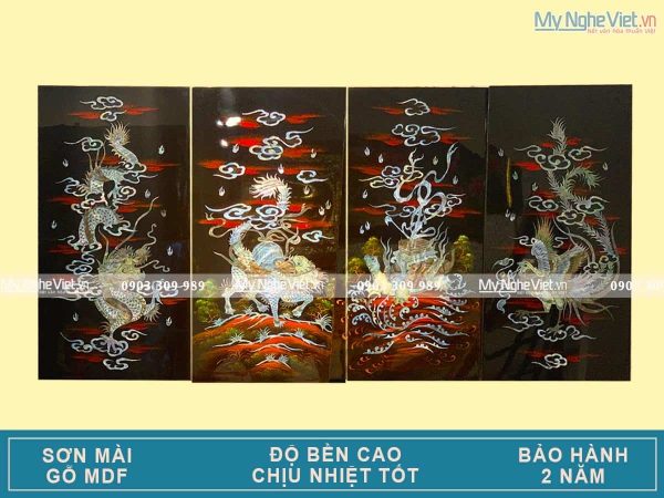 Tranh Sơn Mài Long Lân Quy Phụng Nền Ấm Cẩn Ốc Chìm