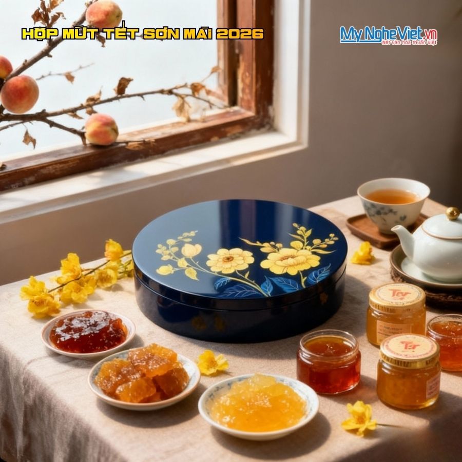 Hộp Mứt Tết Sơn Mài Mẫu Đơn Vinh Hoa 5 Ngăn Nền Xanh