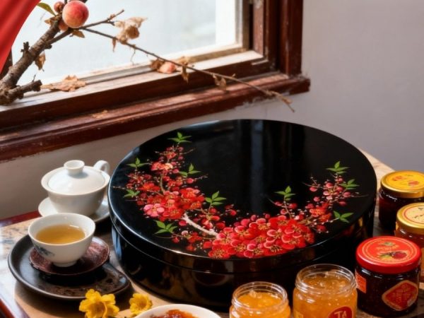 Hộp Mứt Tết Sơn Mài Mai Đỏ Đón Xuân 5 Ngăn Nền Đen Hộp Xanh