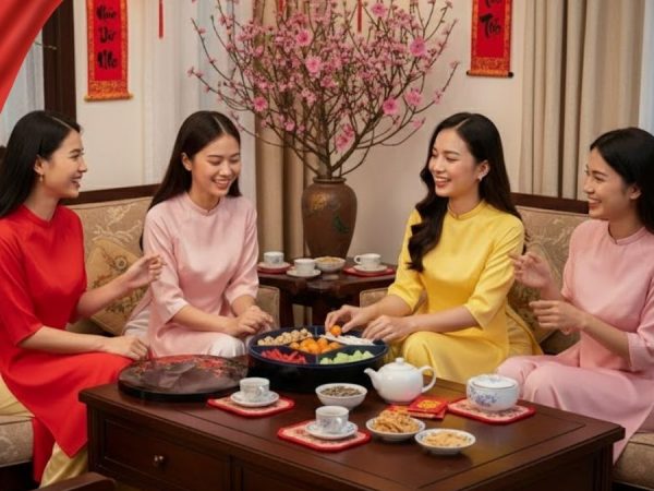 Hộp Mứt Tết Sơn Mài Mai Đỏ Đón Xuân 5 Ngăn Nền Đen Hộp Xanh