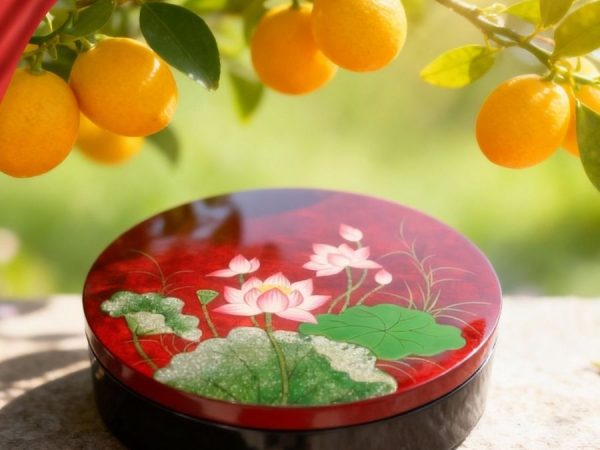 Hộp Mứt Tết Sơn Mài Sen Hồng Thanh Khiết 5 Ngăn Dát Lá Vàng