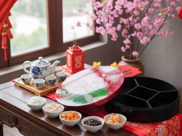 Hộp Mứt Tết Sơn Mài Sen Hồng Thanh Khiết 5 Ngăn Dát Lá Vàng