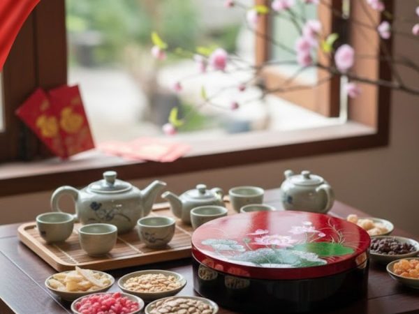 Hộp Mứt Tết Sơn Mài Sen Hồng Thanh Khiết 5 Ngăn Dát Lá Vàng