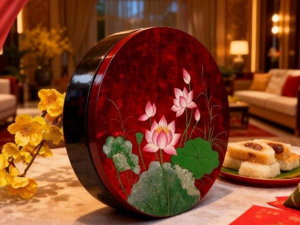 Hộp Mứt Tết Sơn Mài Sen Hồng Thanh Khiết 5 Ngăn Dát Lá Vàng