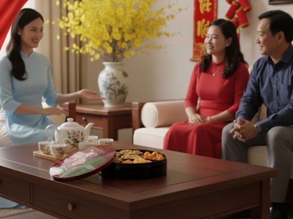 Hộp Mứt Tết Sơn Mài Sen Hồng Thanh Khiết 5 Ngăn Dát Lá Vàng