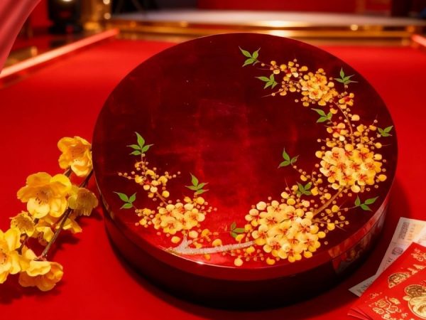 Hộp Mứt Tết Sơn Mài Mai Vàng Sum Vầy 5 Ngăn Dát Lá Vàng