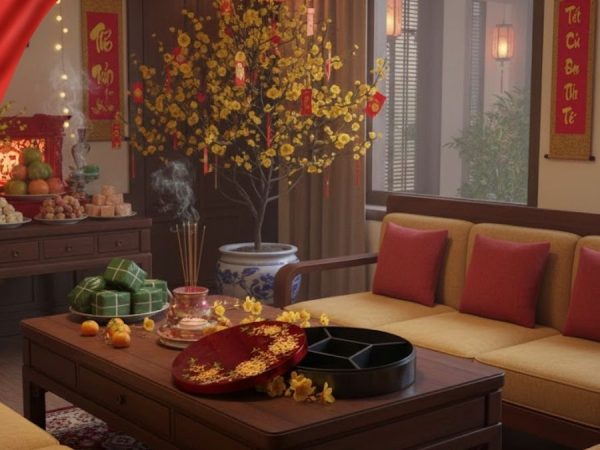 Hộp Mứt Tết Sơn Mài Mai Vàng Sum Vầy 5 Ngăn Dát Lá Vàng