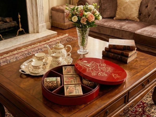 Hộp Mứt Tết Sơn Mài Tịnh Sen Vàng 5 Ngăn Nền Đỏ